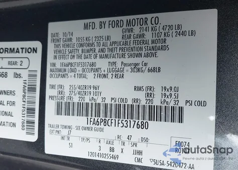 2015 Ford Mustang Gt Premium from USA, damaged, VIN 1FA6P8CF1F5317680